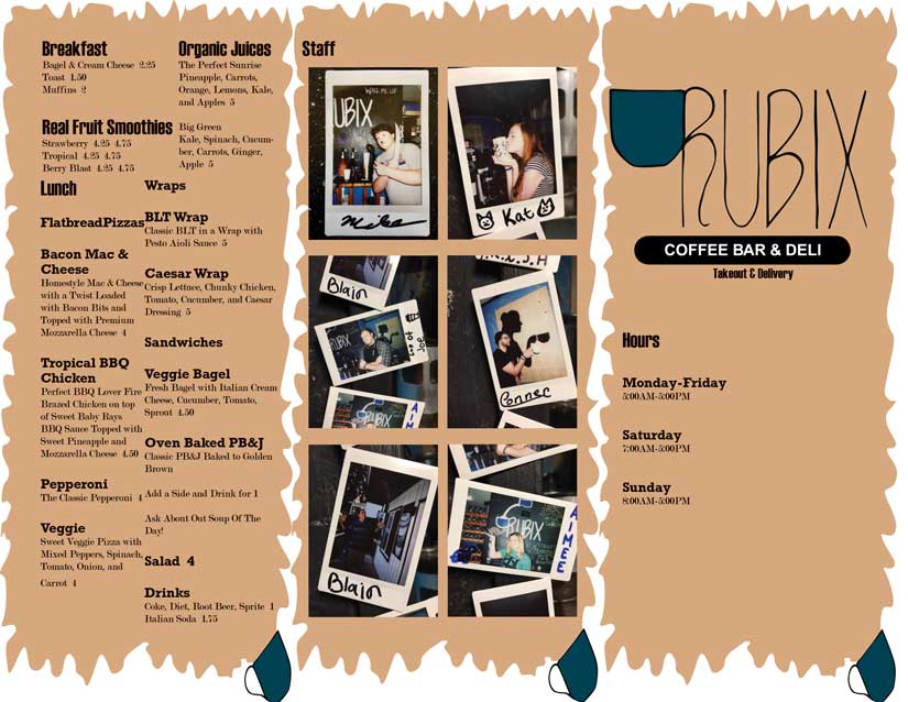 The first page of a brochure style menu for the Rubix Coffee Bar & Deli.