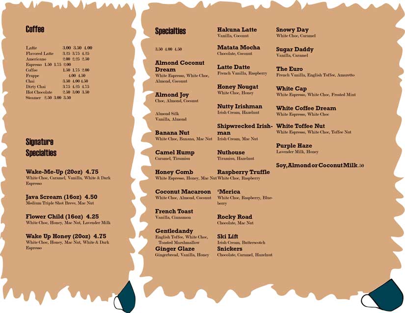 The second page of a brochure style menu for the Rubix Coffee Bar & Deli.