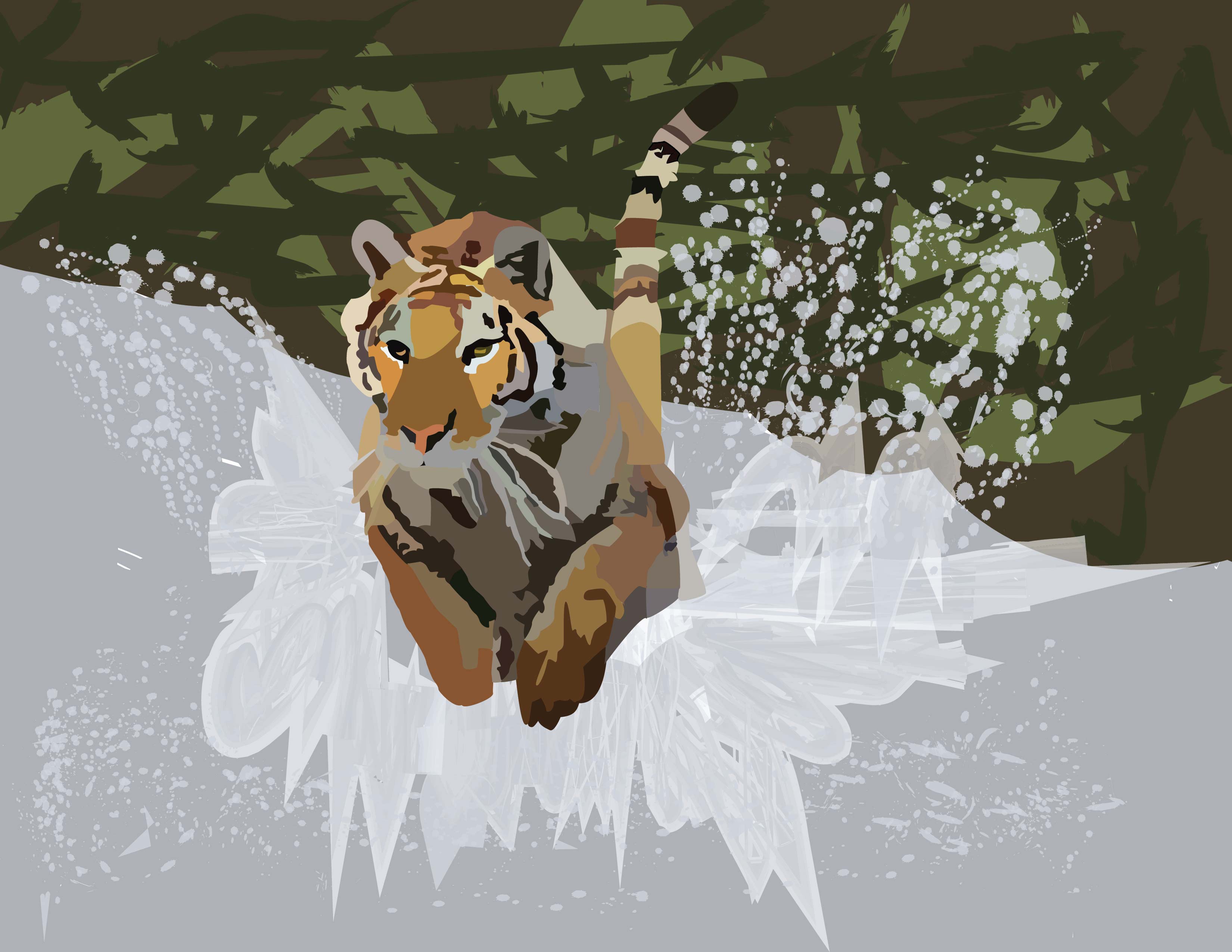 An illustration of a tiger in motion, running through water.