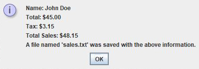 A screenshot of my sales calculator program, showing the results of the user's input.