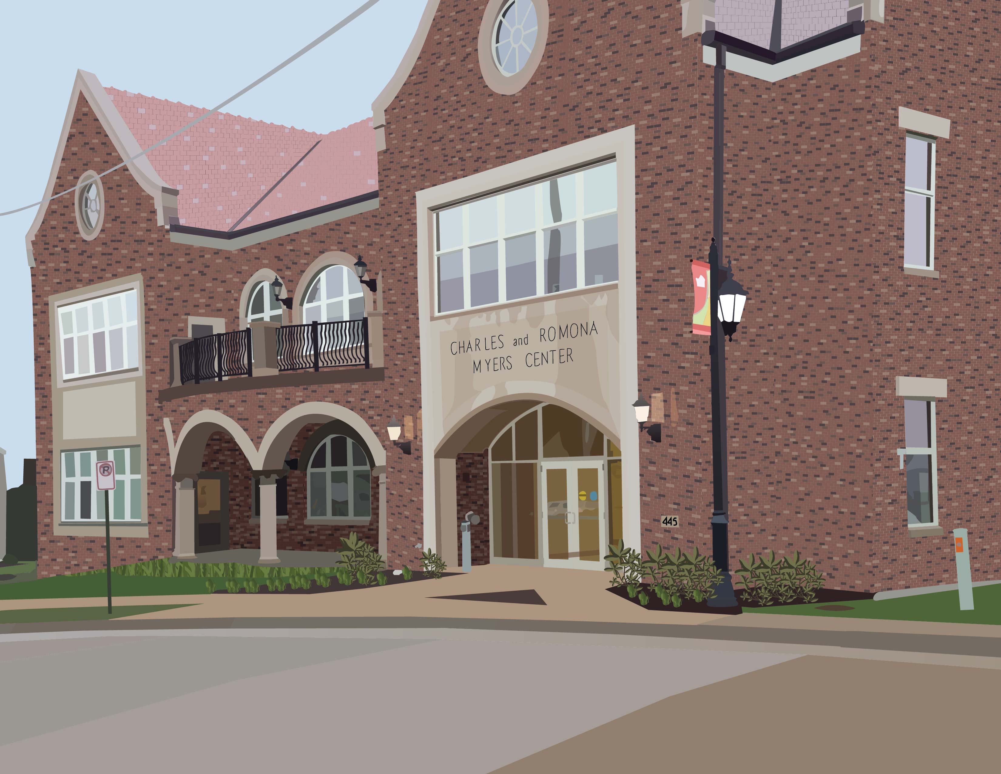 A detailed illustration of the Myers Center, located on the University of Dubuque campus.