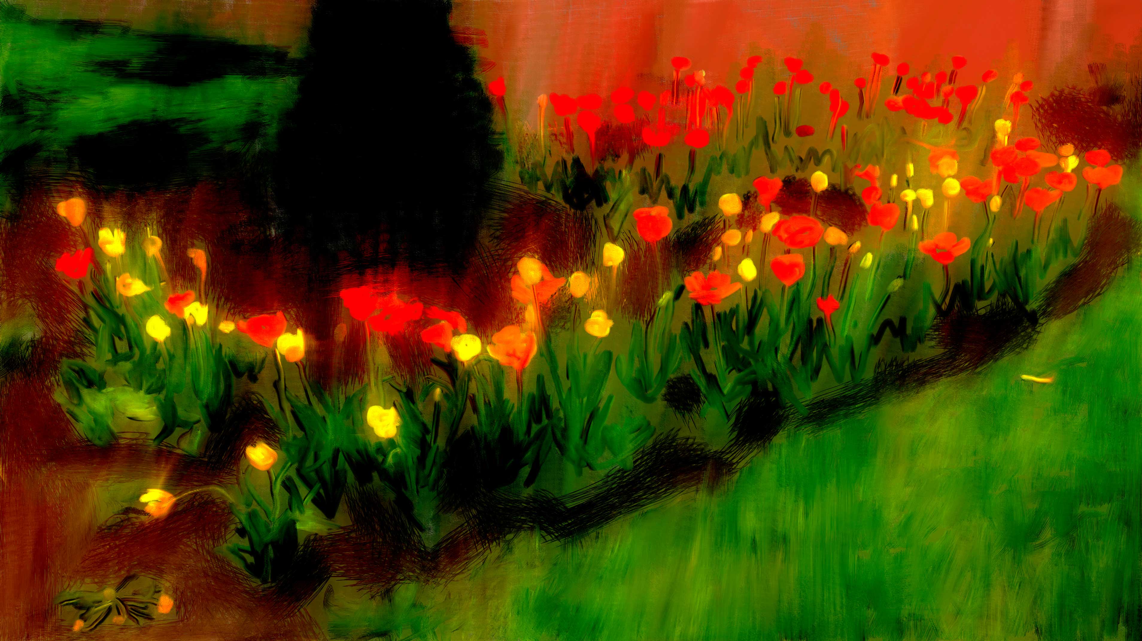 An abstract painting of red and yellow flowers on the University of Dubuque campus. In the background is a tree and brick building and the painting itself was done in photoshop.