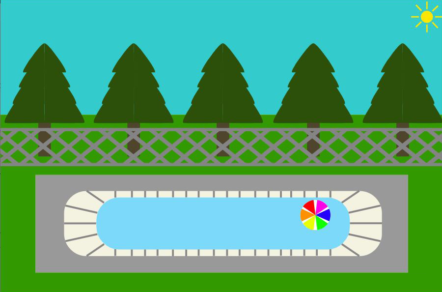 A still of an interactive greeting card, showing a sunny day time scene. With trees, a fence in front and a pool with a beach ball in front of the fence.