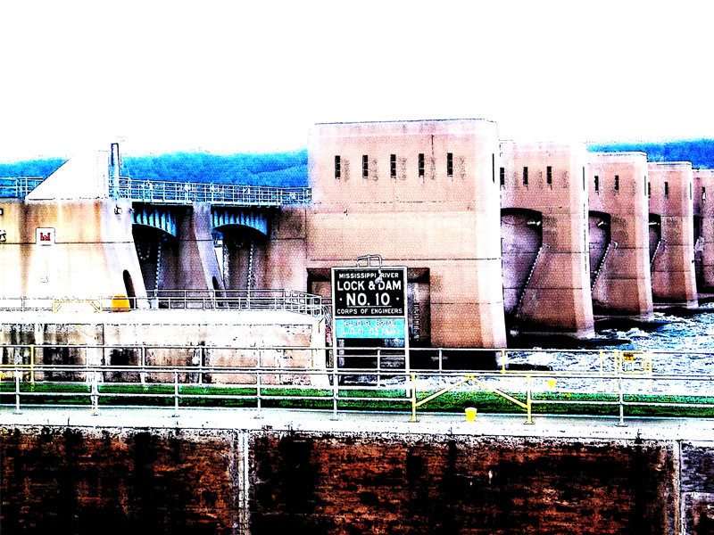 A photo of the lock and dam number 10, which has been heavily stylized with photoshop.