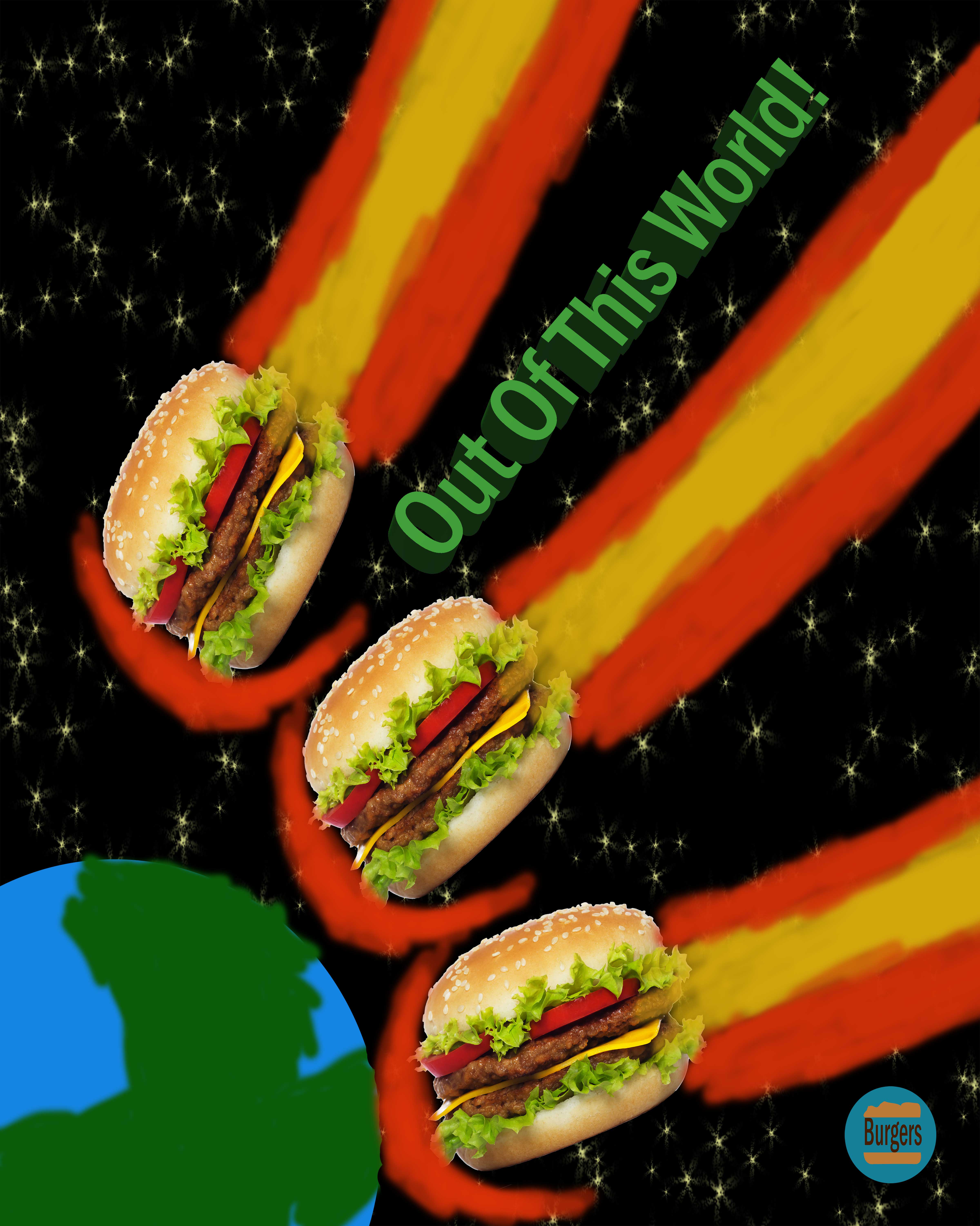Another burger ad, but with a modern look. This ad shows three giant burgers hurtling towards the earth, with the text 'Out of this word'.