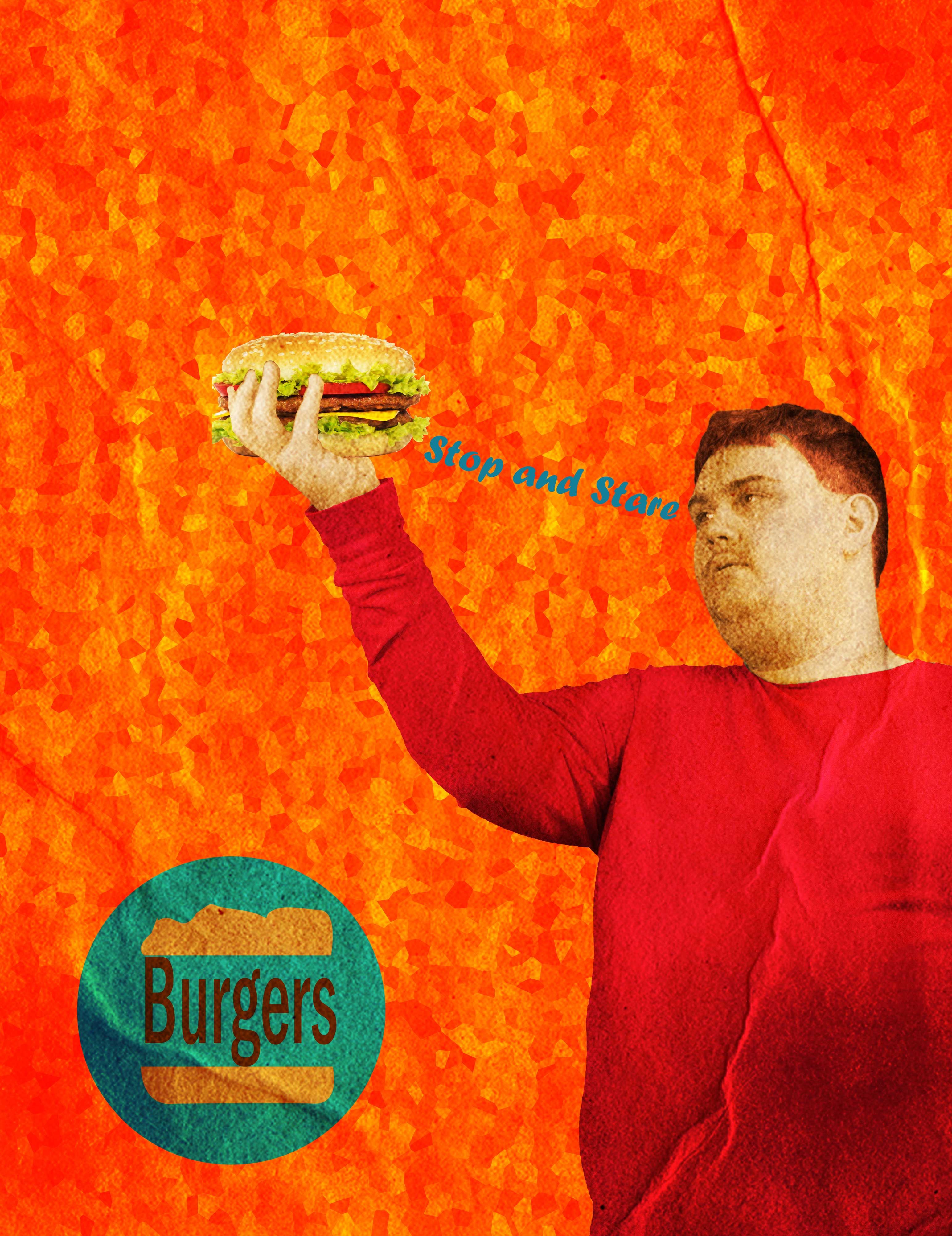 A burger ad featuring myself holding a burger with the words stop and stare between my eyes and the burger. This ad is supposed to emulate the look of an ad of the 50's/60's.