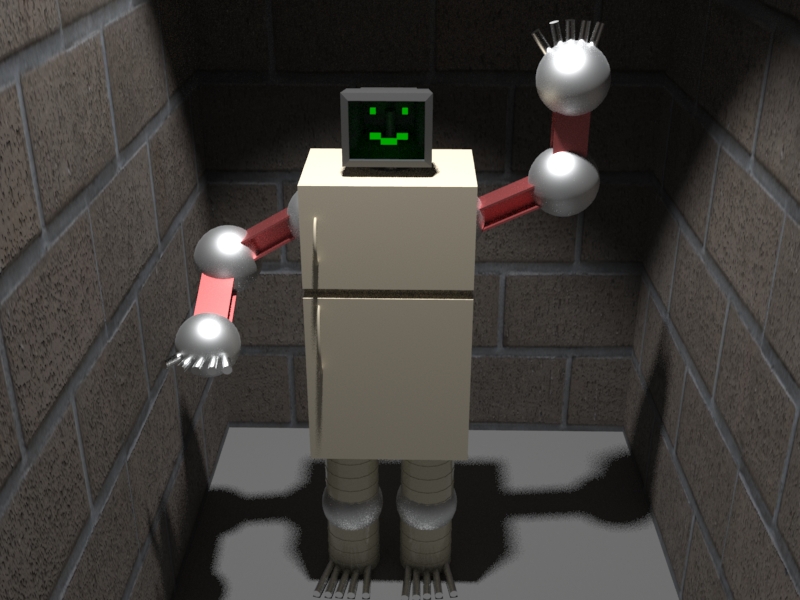 A robot made of miscellaneous parts. It has a computer monitor for a head, fridge for a body, i=beams for limbs, silver balls for joins, barrels for legs and metal rods for fingers and toes.